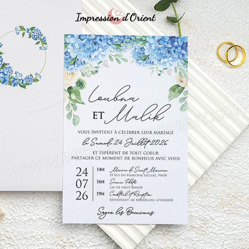 Faire-part ROMANE - Invitation mariage bleutée aux motifs fleuris