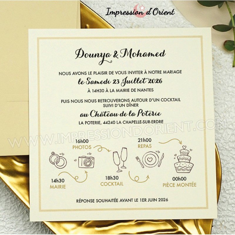 Faire-part DOUNYA - Invitation beige crème avec programme mariage picto