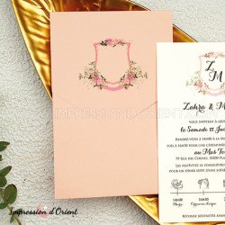 Faire-part LISON - Invitation rose, écusson floral et programme