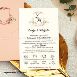 Faire-part LISON - Invitation rose, écusson floral et programme