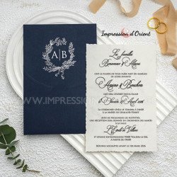 Faire-part mariage pochette bleu - Étui personnalisé argenté avec initiales