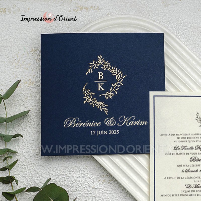 Faire-part AZUL - Invitation mariage chic bleu nuit avec dorure et étui personnalisé