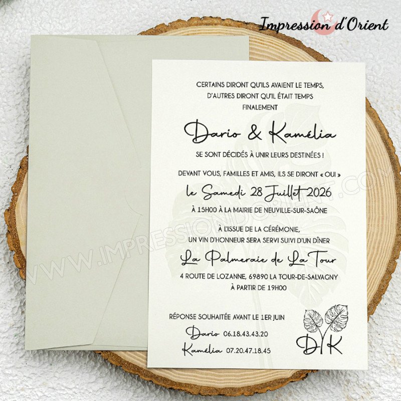 Faire-Part PALMA - Invitation "Tropical Chic" avec palme en relief et enveloppe "vert de gris"