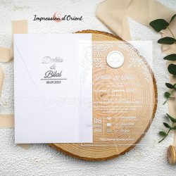 Faire-part BIANCA - Invitation mariage transparente, blanche et argentée avec sceau