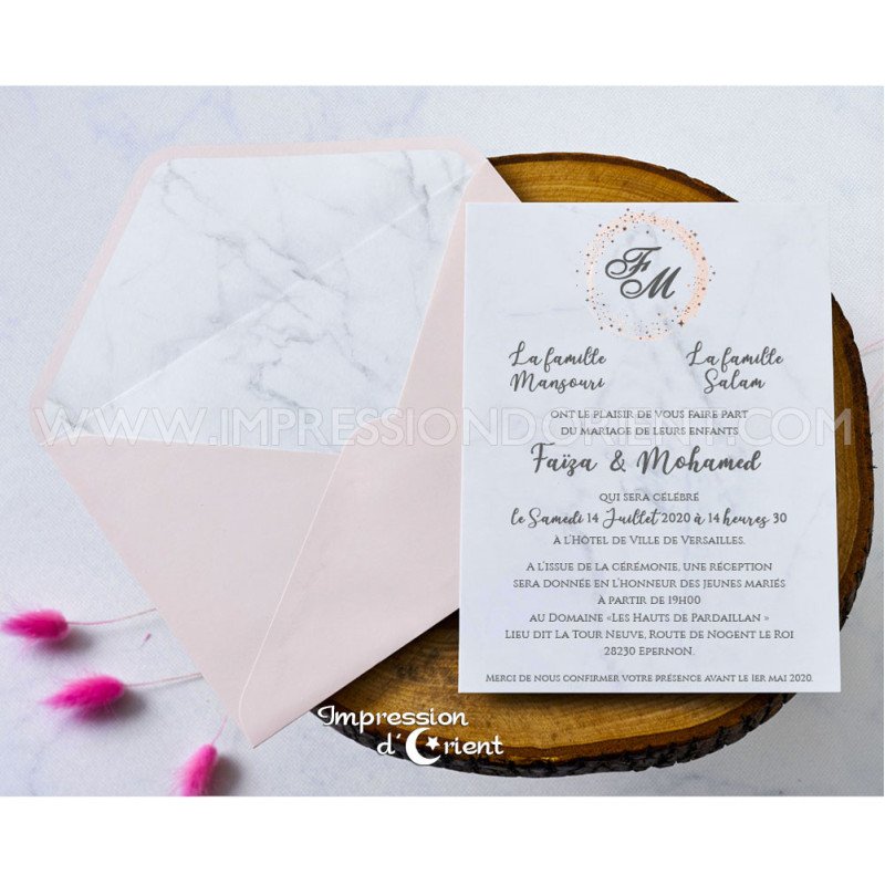 Faire-part MARBRE-ROSE - Invitation effet marbre avec enveloppe rose pâle