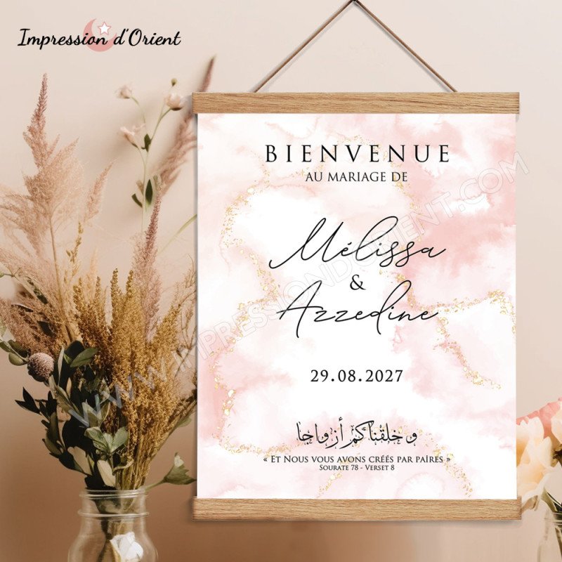 Affiche Bienvenue Mariage - Mélissa "marble pink" avec porte-affiche