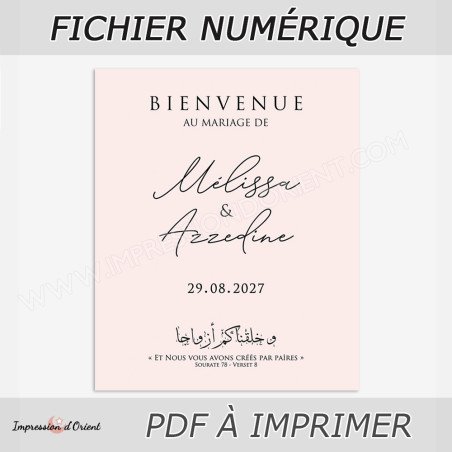 Affiche Bienvenue Mariage - Mélissa "rose pâle" fichier numérique à imprimer