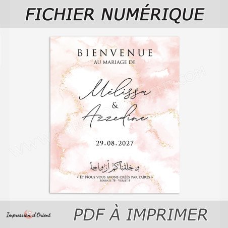 Affiche Bienvenue Mariage - Mélissa "marble pink" fichier numérique à imprimer