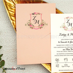 Faire-part LISON - Invitation rose, écusson floral et programme avec personnalisation de l'enveloppe