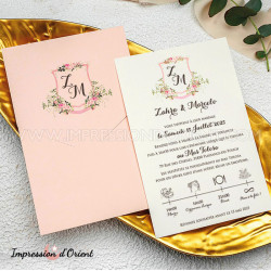 Faire-part LISON - Invitation rose, écusson floral et programme avec personnalisation de l'enveloppe