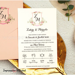 Faire-part LISON - Invitation rose, écusson floral et programme avec personnalisation de l'enveloppe