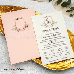 Faire-part LISON - Invitation rose, écusson floral et programme