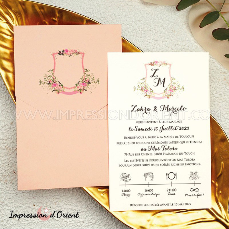 Faire-part LISON - Invitation rose, écusson floral et programme