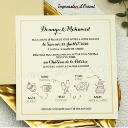 Faire-part DOUNYA - Invitation beige crème avec programme mariage picto