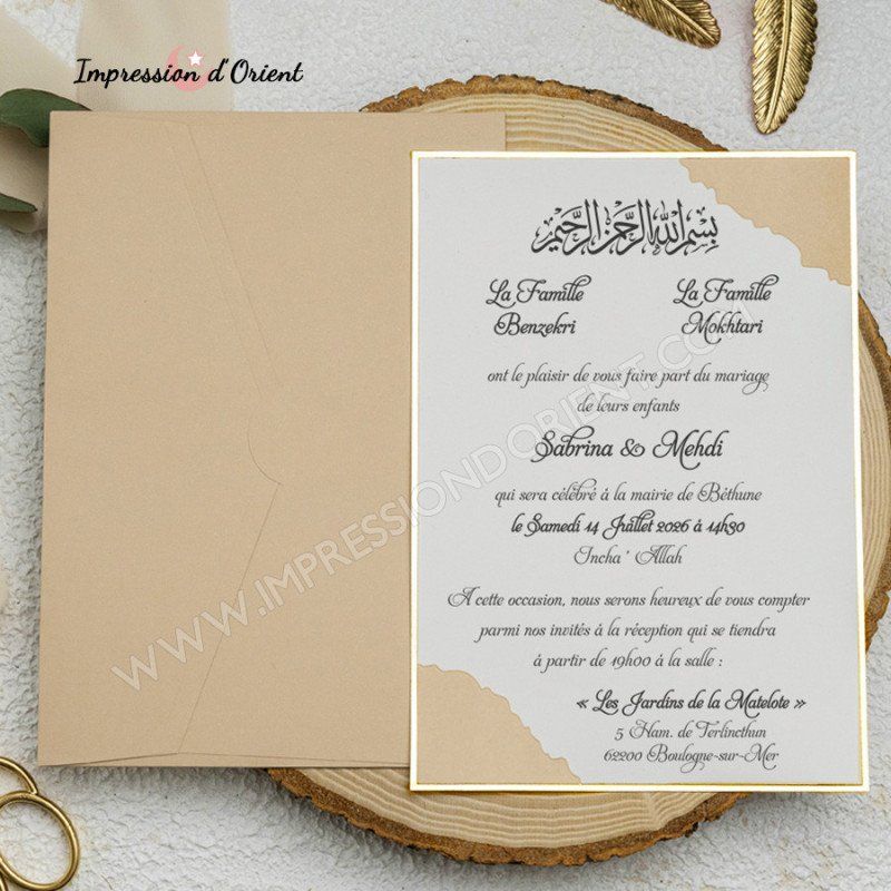 Faire-Part STELLA - Faire-part avec dorure et enveloppe taupe
